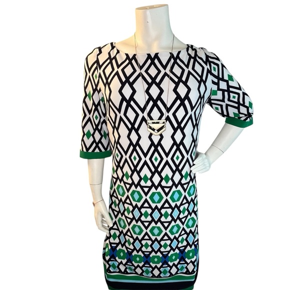 Eliza J Dresses & Skirts - Eliza J Black White Green Boxy Geometrical 3/4 Sleeve Jersey Knit ShiftDress Mod